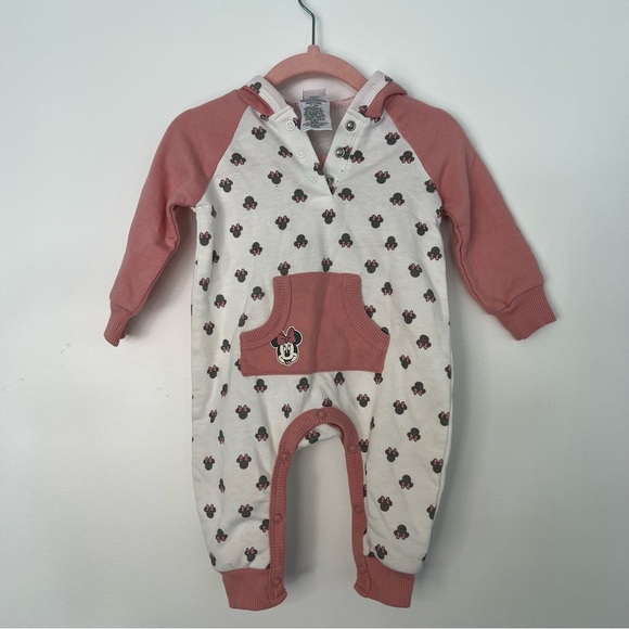 Disney Baby Minnie Mouse Ears Pink Bow Hoodie Footie 3-6M Cotton Blend One Piece - Picture 2 of 13